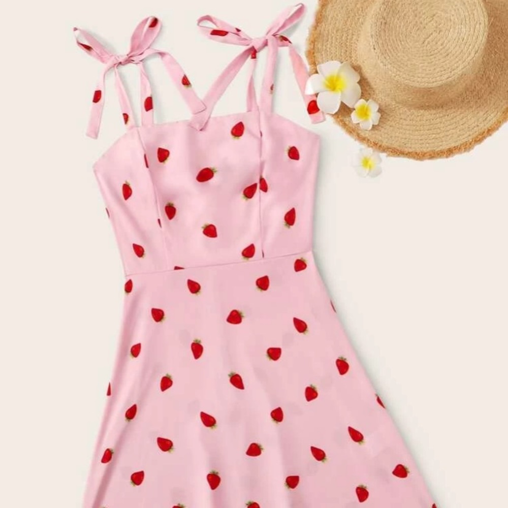 Spring Strawberry Print Knot Straps Cami Dress